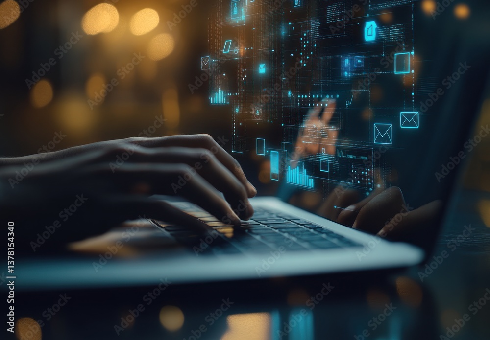 Person using laptop with digital interface showing data security and communication icons. Person using laptop with digital interface showing data security and communication icons.