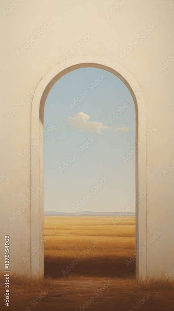 Fototapeta premium Minimal space tiny arch window painting architecture outdoors.