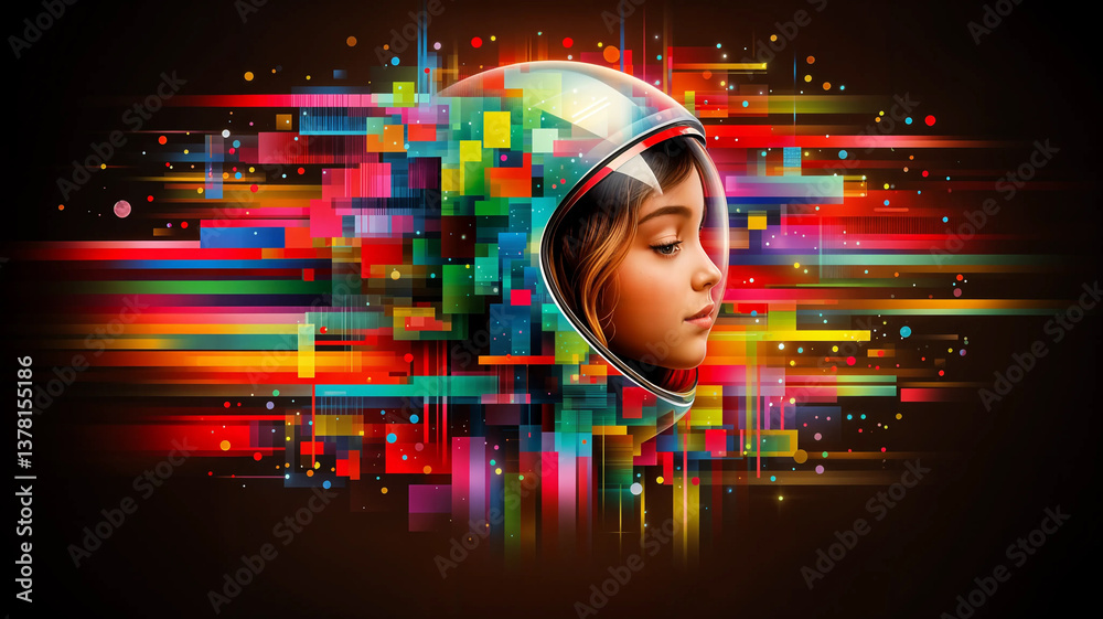 A young woman in a futuristic spacesuit, her face framed by vibrant geometric patterns and streaks of color.