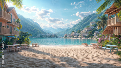Tranquil beach scene with pastel-colored buildings nestled against lush mountains.