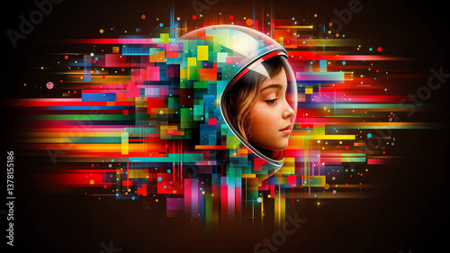 Obraz na płótnie A young woman in a futuristic spacesuit, her face framed by vibrant geometric patterns and streaks of color. w salonie
