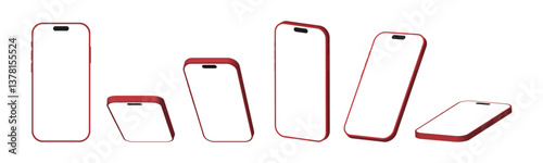 3D Red Smartphone and Mobile Phone Mockup: Multiple Angles with White Screen on White Background.  Vector illustration.