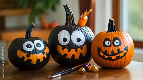 Family painting spooky faces on pumpkins for a personalized Halloween decoration