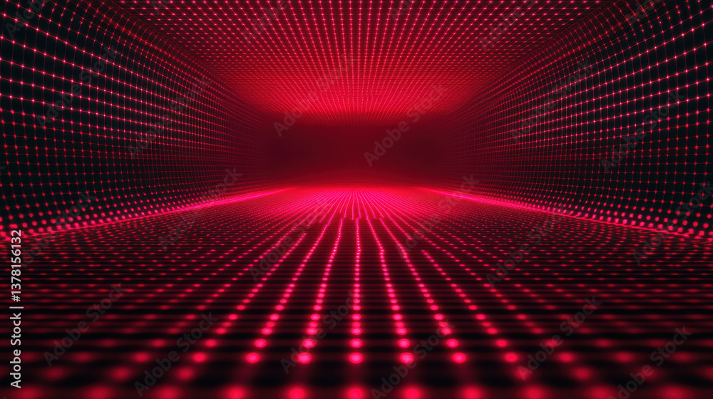 Fototapeta premium Red light grid background with glowing dots creates mesmerizing visual effect, evoking sense of depth and movement in dark space. Perfect for digital art and design projects