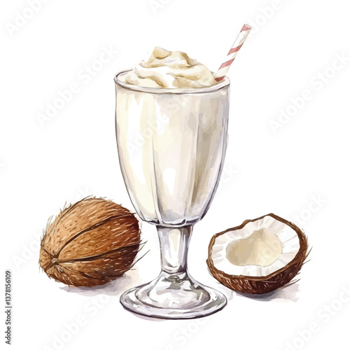 A watercolor painting of a coconut shake, isolated on a white background. Coconut shake vector

