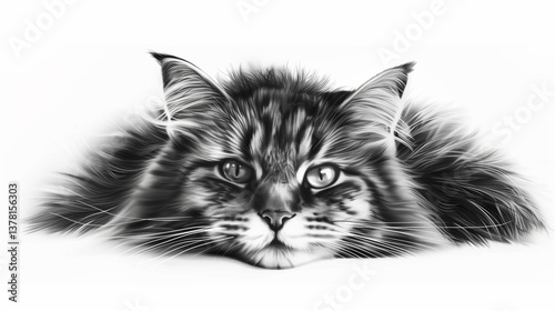 A realistic hand-drawn portrait of a cat with deep, detailed eyes, placed on a white background.