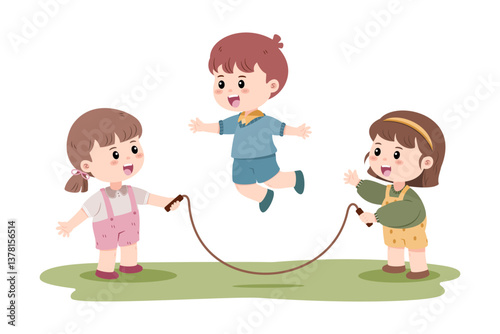 Three children play jump rope outdoors, showcasing fun childhood activities. They are dressed casually, enjoying an active game.