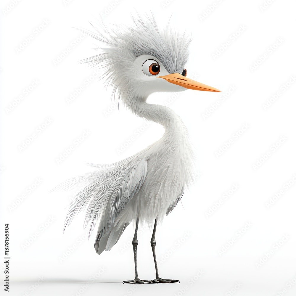Fototapeta premium Playful Cartoon Illustration of a Stylized White Bird Stork with Fluffy Feathers and Bright Orange Beak
