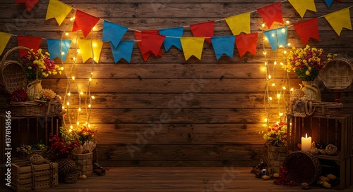 Festa Junina - A rustic wooden backdrop decorated with colorful flags and twinkling lights, creating a festive atmosphere with flowers and baskets.