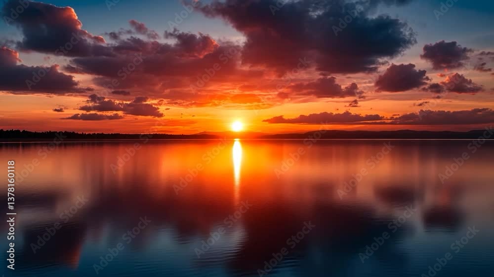 Fiery sunset reflected on calm lake waters Fiery sunset reflected on calm lake waters