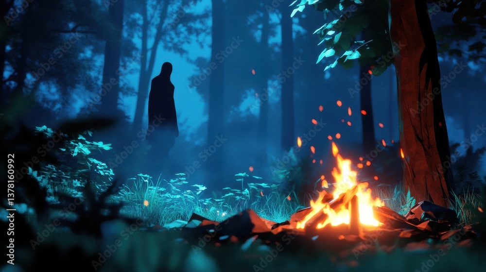 Fototapeta premium Mysterious Figure Near Campfire in Misty Forest at Night
