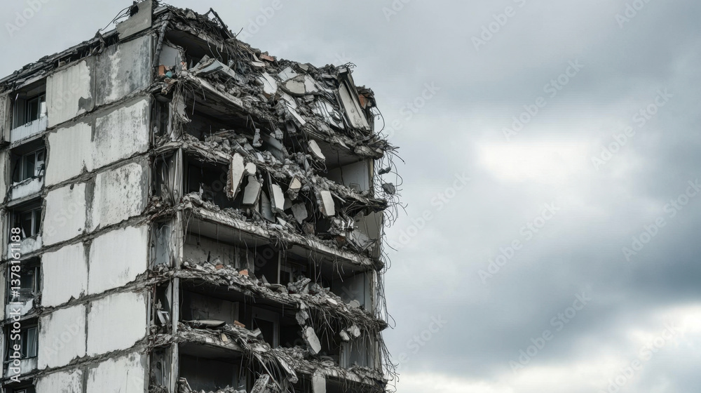 image depicts tall, collapsed building with exposed concrete and debris, set against cloudy sky, evoking sense of destruction and abandonment image depicts tall, collapsed building with exposed concrete and debris, set against cloudy sky, evoking sense of destruction and abandonment