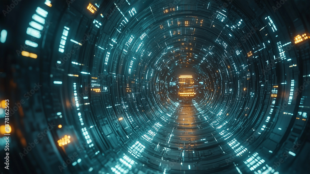 Fototapeta premium Dramatic high-tech circular pattern background. Glowing lines and illuminated dots on a dark background. Technology wallpapers and digital designs.