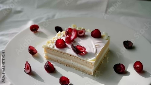 A tempting slice of mille-feuille tart, garnished with fresh wild strawberries and delicate white chocolate shavings, on an impeccable white plate, creates an indulgent culinary scene.