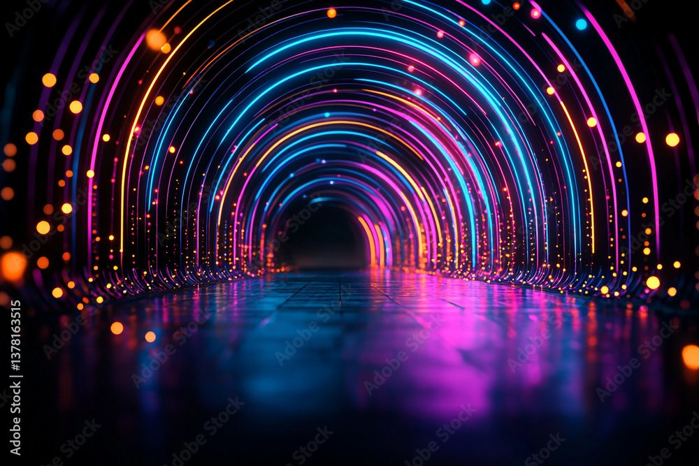 Fototapeta premium vibrant neon tunnel with glowing lines and colorful lights creates mesmerizing atmosphere. illuminated path leads into mysterious space, evoking sense of wonder and excitement