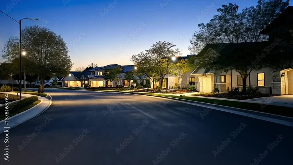 Residential houses glow along paved street during tranquil twilight scene Residential houses glow along paved street during tranquil twilight scene
