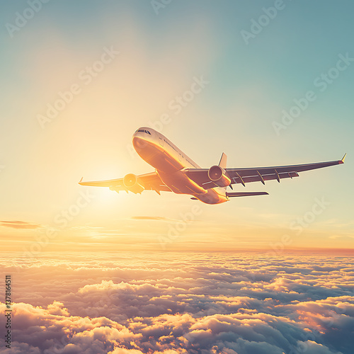 Airplane soars above fluffy clouds bathed in golden sunlight creating a sense of freedom and adventure.