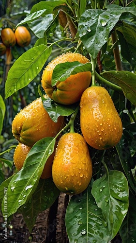 Ripe solanum sessiliflorum growing on bush with water droplets.