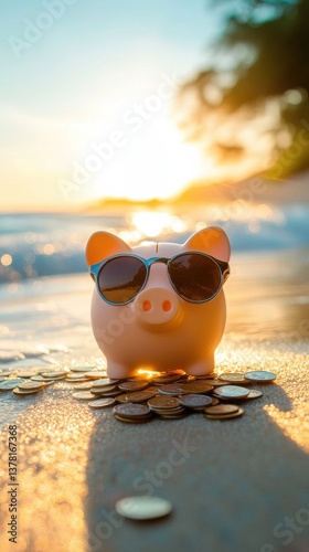 Piggy Bank with Sunglasses on a Beach at Sunset