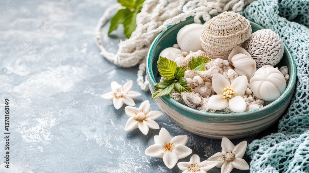 Spa bath salts, flowers, bowl, texture background, relaxation Spa bath salts, flowers, bowl, texture background, relaxation