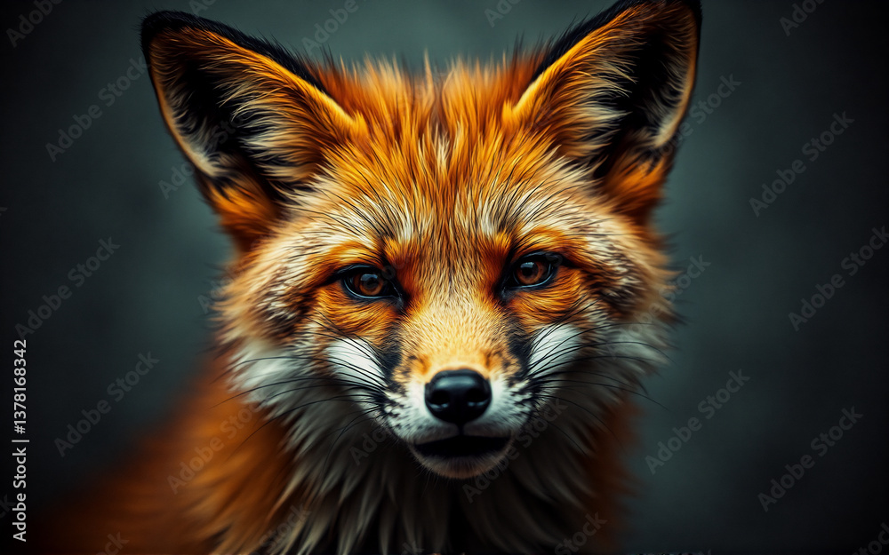 Obraz premium A captivating close-up portrait of a fox with striking orange and white fur against a blurred dark background, emphasizing its intense gaze and wild beauty.
