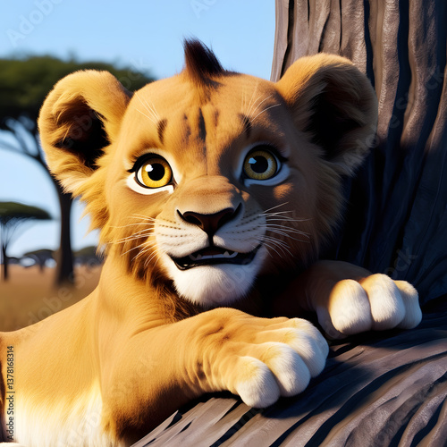 Playful lion cub relaxing on a tree in the savannah