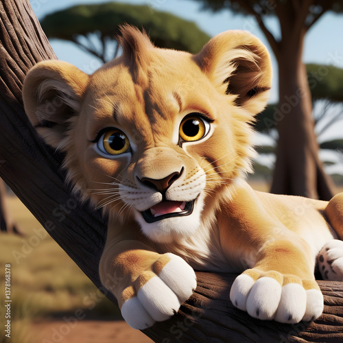 Playful lion cub relaxing on a tree branch in the savannah