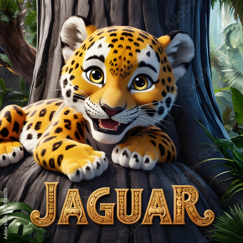 Playful jaguar cub relaxing on a tree root in the jungle