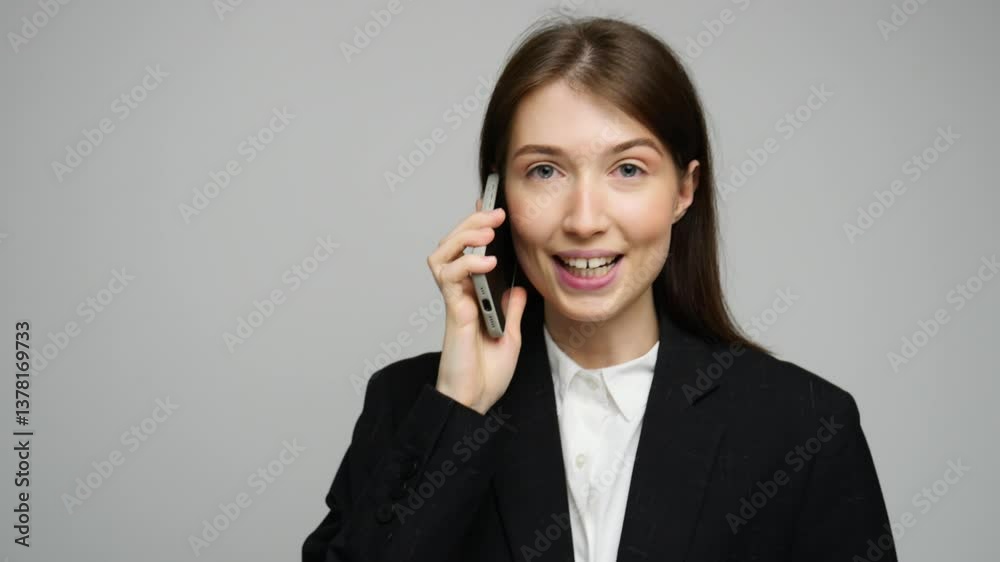 Confident Woman Engaging in a Professional Conversation While Holding a Smartphone in a Bright Setting Confident Woman Engaging in a Professional Conversation While Holding a Smartphone in a Bright Setting