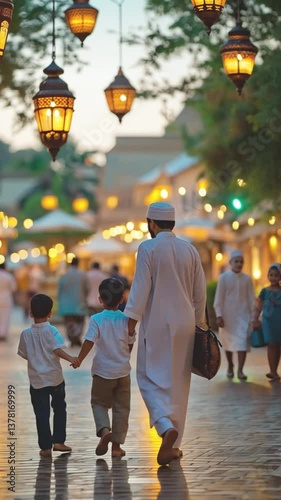 Muslim family walking in souk at sunset