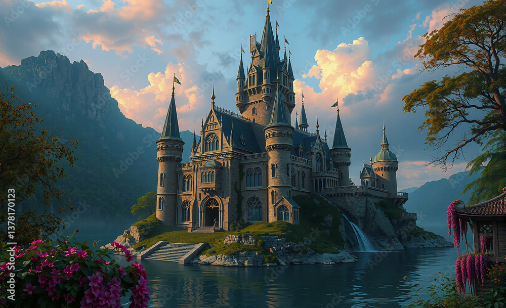 A fairytale castle perched on an island, surrounded by calm water and lush greenery, set against a backdrop of mountains under a vibrant sky at dusk. A fairytale castle perched on an island, surrounded by calm water and lush greenery, set against a backdrop of mountains under a vibrant sky at dusk.