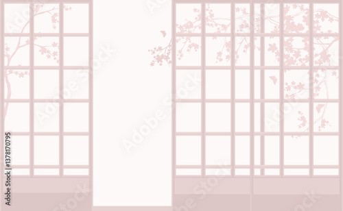 traditional japanese interior with sliding shoji door and blooming sakura tree branches in the garden - spring season vector copy space background