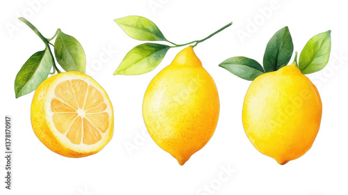 Wallpaper Mural Freshly picked lemons, vibrant yellow citrus with green leaves, perfect for recipes, decor or refreshing beverages. Isolated on white background or PNG Torontodigital.ca