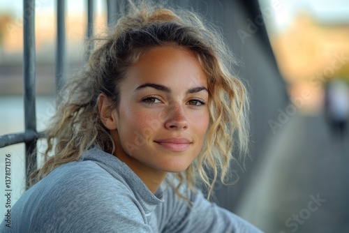 Young lady athlete leaning on knees and having break before a run on walkway bridge  looking away and smiling  Generative AI