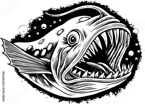 Maritime life featuring deep-sea creatures in a captivating SVG vector design. Monstrous Deep Sea Fish with Sharp Teeth and Bubbles