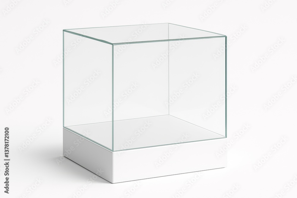 Clean Showcase Mockup: Square Clear Glass Display Case on White Base for Product Presentation Clean Showcase Mockup: Square Clear Glass Display Case on White Base for Product Presentation