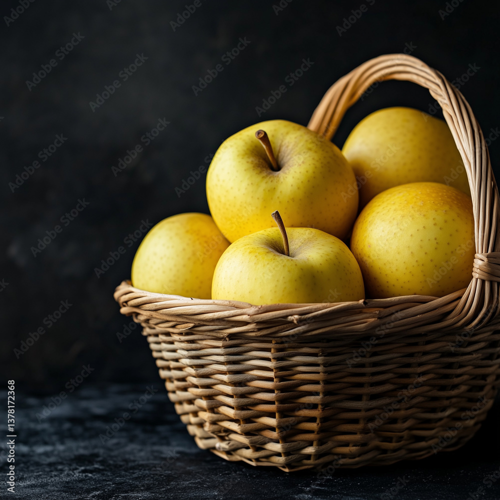 yellow apples in basket path isolated on black gray background with text space yellow apples in basket path isolated on black gray background with text space