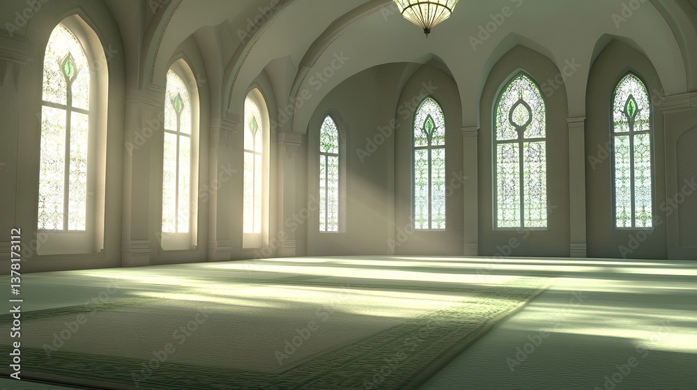 Obraz premium Sunlit Mosque Interior Prayer Hall, Peaceful Atmosphere
