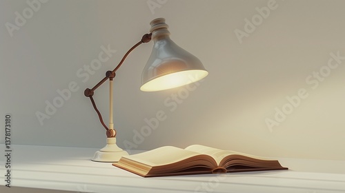 A simple desk lamp illuminating an open book, floating on a white background.