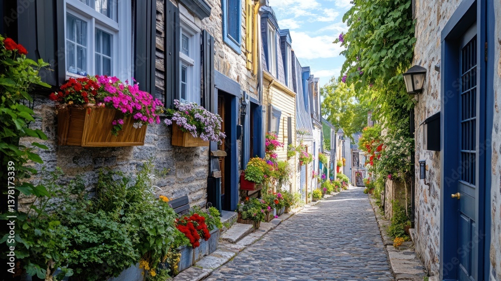 Fototapeta premium A charming stone street lined with vibrant flowers and houses
