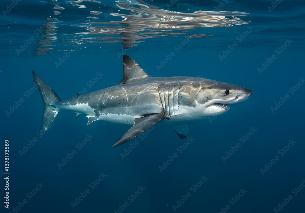 Obraz premium Majestic Great White Shark Underwater Marine Life, Ocean Predator, Wildlife Photography, Marine Biology, Deep Blue Sea
