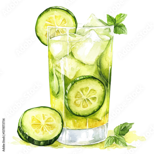 A watercolor painting of cucumber lemonade, isolated on a white background. Cucumber lemonade vector


