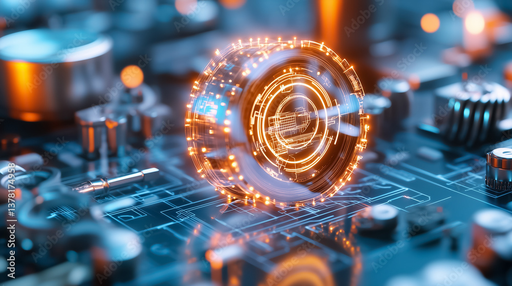 Fototapeta premium Glowing circular element on futuristic circuit board highlighting intricate technology details. High-tech setting with vibrant lighting and blue tones