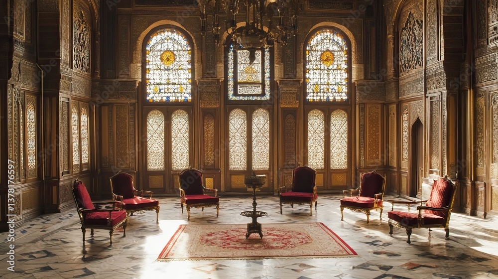 Fototapeta premium Sunlit Palace Room, Red Chairs, Intricate Design, Meeting