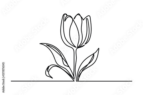 Tulip one line drawing.Abstract flower continuous line. Minimalist contour drawing of tulip. Continuous line drawing of flower tulip.Hand drawn sketch of flower with leaves.