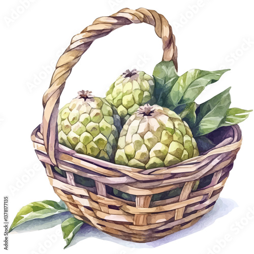 A watercolor painting of a custard apple basket, isolated on a white background. Custard apple basket vector

