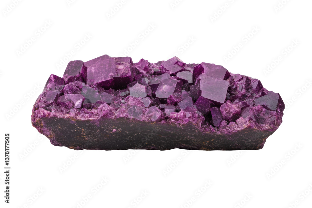 Vibrant purple amethyst crystal cluster on black background, cut out