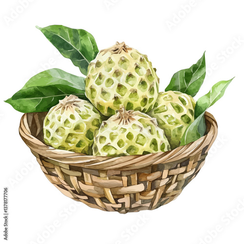 A watercolor painting of a custard apple basket, isolated on a white background. Custard apple basket vector


