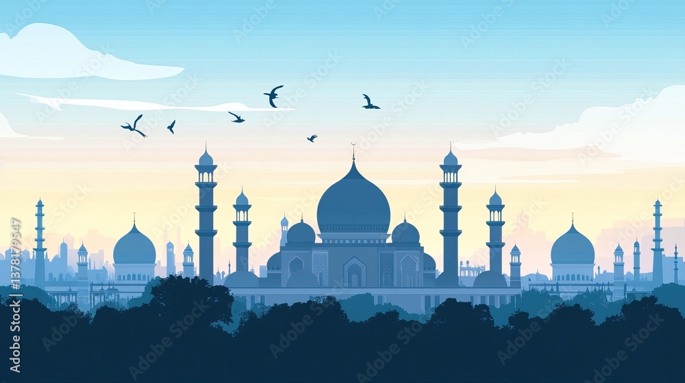 Obraz premium Sunrise over Mosque, Cityscape, Birds Flying, Peaceful Dawn, Travel Poster