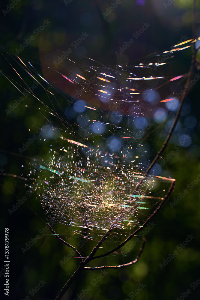 Beautiful spider cobweb in the forest highlighted with sunlight beams